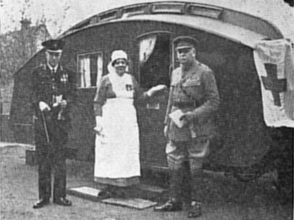 The late Mrs. M. M. M. Fowler was a pioneer of the use of caravans for first aid purposes. She is seen here during a War office inspection in 1939.